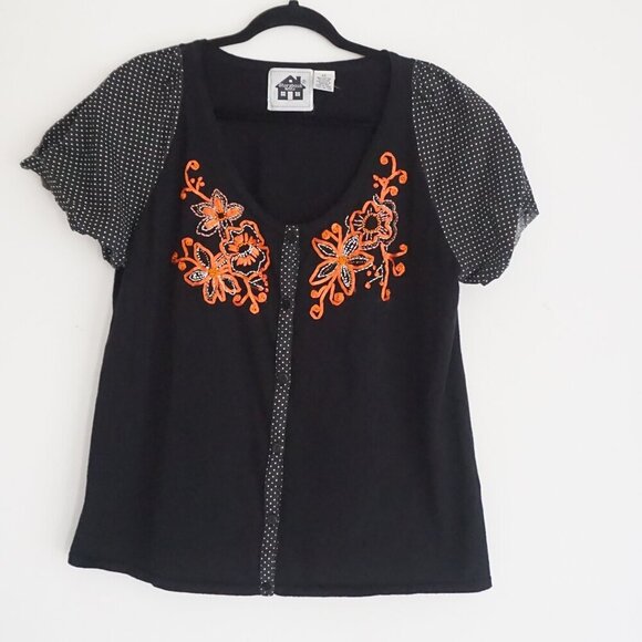 Vintage Storybook Black Knit Orange Embroidered Beaded Floral Button Up Shirt 2X - Picture 1 of 12
